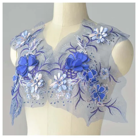 Аппликация 3D синие Бусины Алмазная Цветочная вышивка кружевные нашивки свадебное платье одежда шитье 33*30 см L24C24