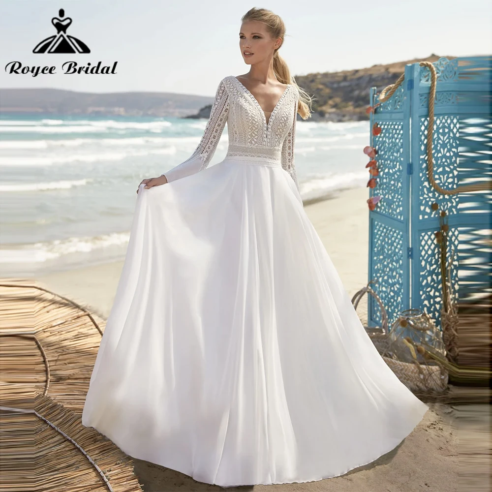 

Beach Boho A-Line Wedding Dresses For Women Sexy V-neck Lace Full Flare Sleeve Chiffon Bridal Gown Sweep robe de mariée vestidos