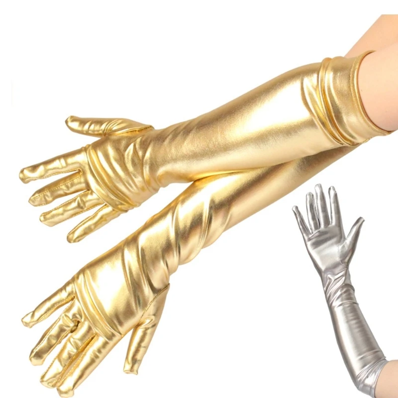 

449B Spring Autumn Women Metallic Long Gloves Solid Color Dinner Dress Gloves Elastic Shinning Driving Gloves 45cm Length