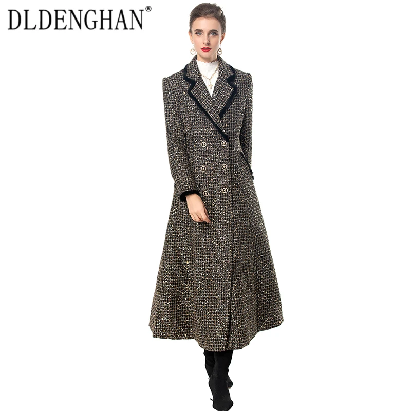 DLDENGHAN двубортное твидовое пальто в клетку с блестками для женщин отложным