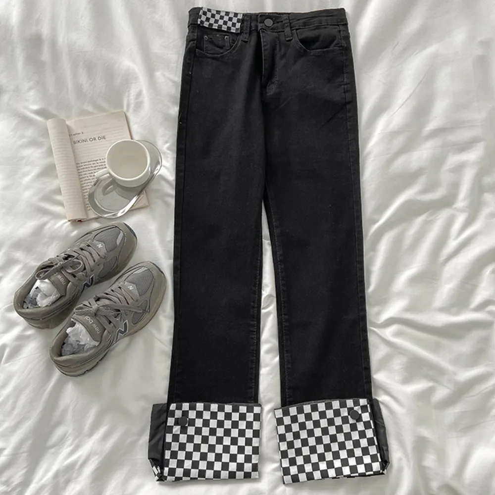 

Black Check Jeans Women Spring High Waist Straight Tube Loose Wide Leg Denim Pants Bottoms