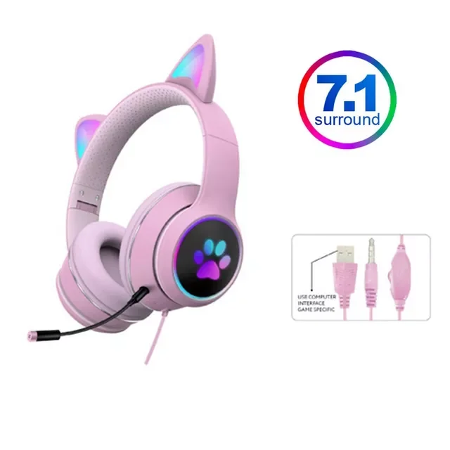 

7.1 Wired Cat Ear Gaming Headset With Pluggable Noise Reduction dual Microphone RGB lighting cute girl gaming Headphones