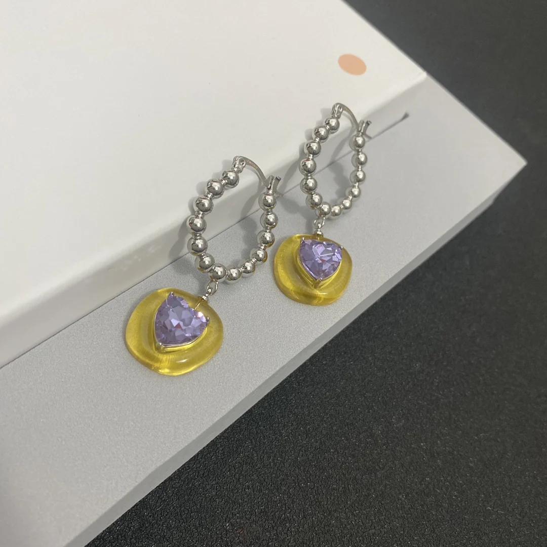Серьги-кольца Квадратные Желтые из смолы светильник Светло-фиолетовые, персиковые, сердца, драгоценные камни, серебряные, с бисером