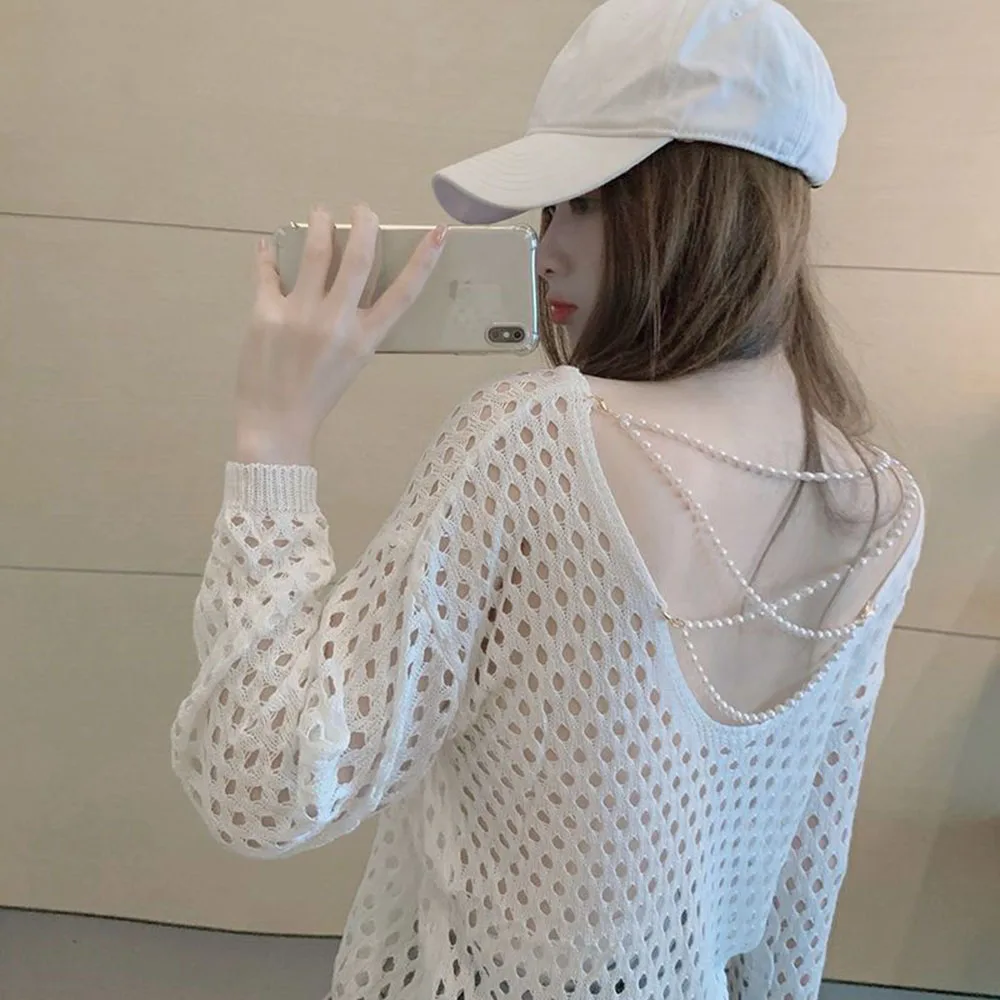 

Модная женская мешковатая Футболка с вырезами, вязаная Солнцезащитная одежда с длинным рукавом, простые корейские модные топы с открытой спиной, женская одежда