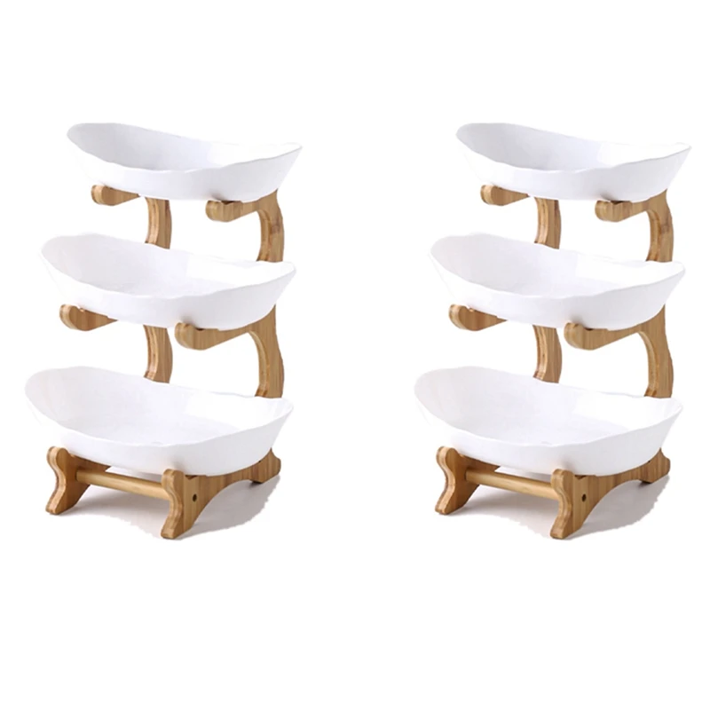 

2X 3 Tiers Fruit Plate With Wood Holder Snacks Candy Plate Kitchen Organizer Rack Party Food Serving Display Tray White
