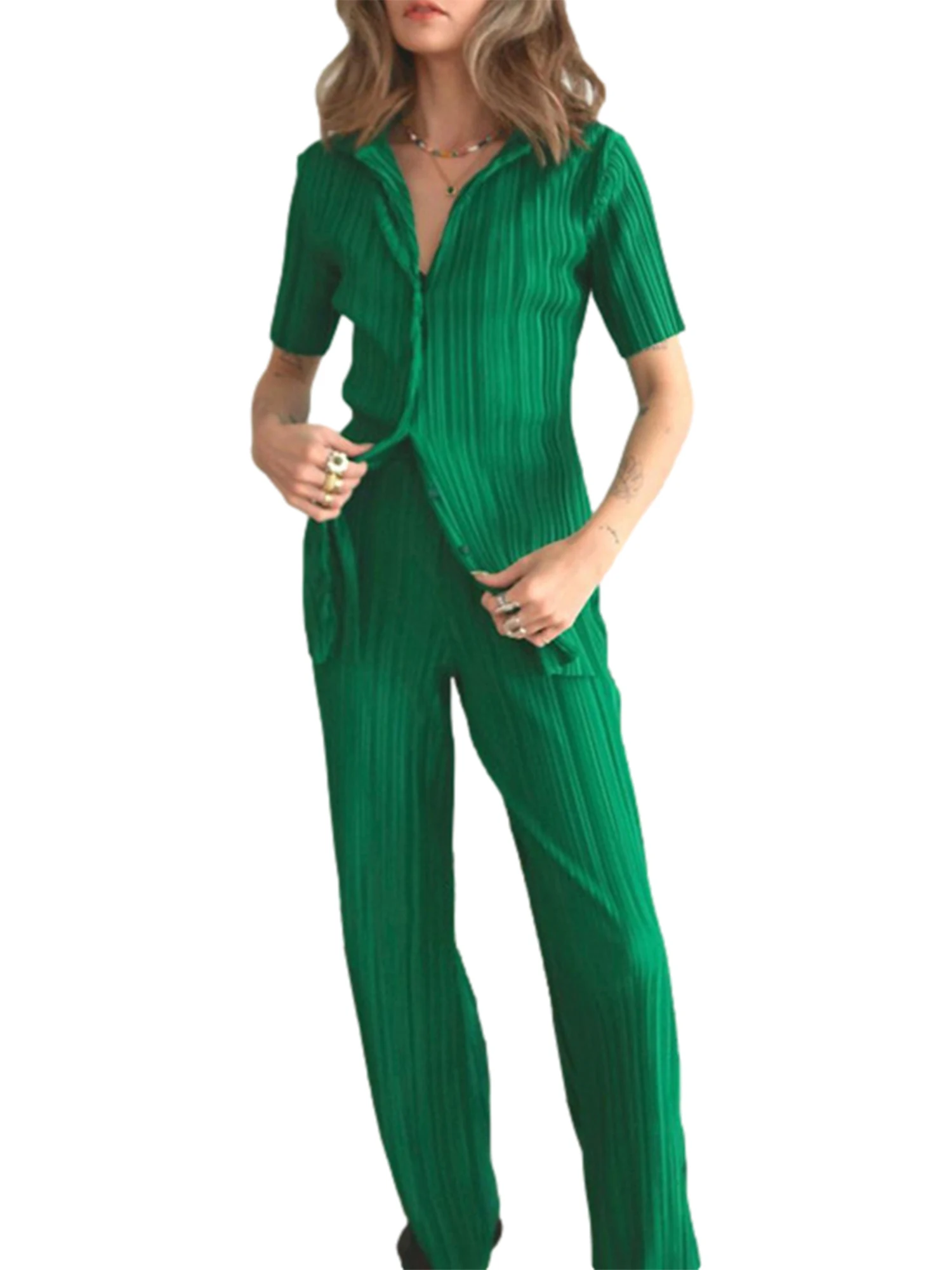 

Комплект из двух предметов, рубашка и брюки, костюмы для женщин, топ с коротким рукавом с лацканами и пуговицами, брюки, комплект с плиссиров...