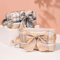 bow knot pencil case double layer large capacity storage bag student stationery storage bag plaid pencil bag school supplies
