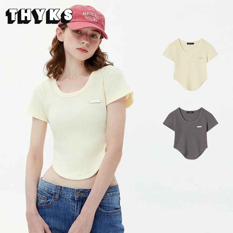 

Летний кроп-топ для девушек с коротким рукавом, тонкая рифленая клетчатая футболка с ассиметричным подолом Y2k, шикарная Корейская Популярна...