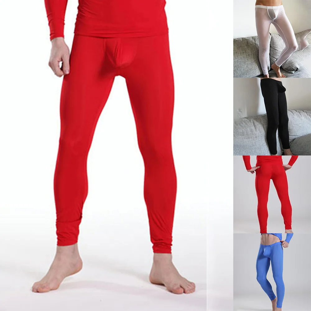 Mens See Through Sexy Pants Ice Silk Seamless Bottom Pants Male Breathable Sheer Leggings Johns Fitness Tight Stretch Trousers