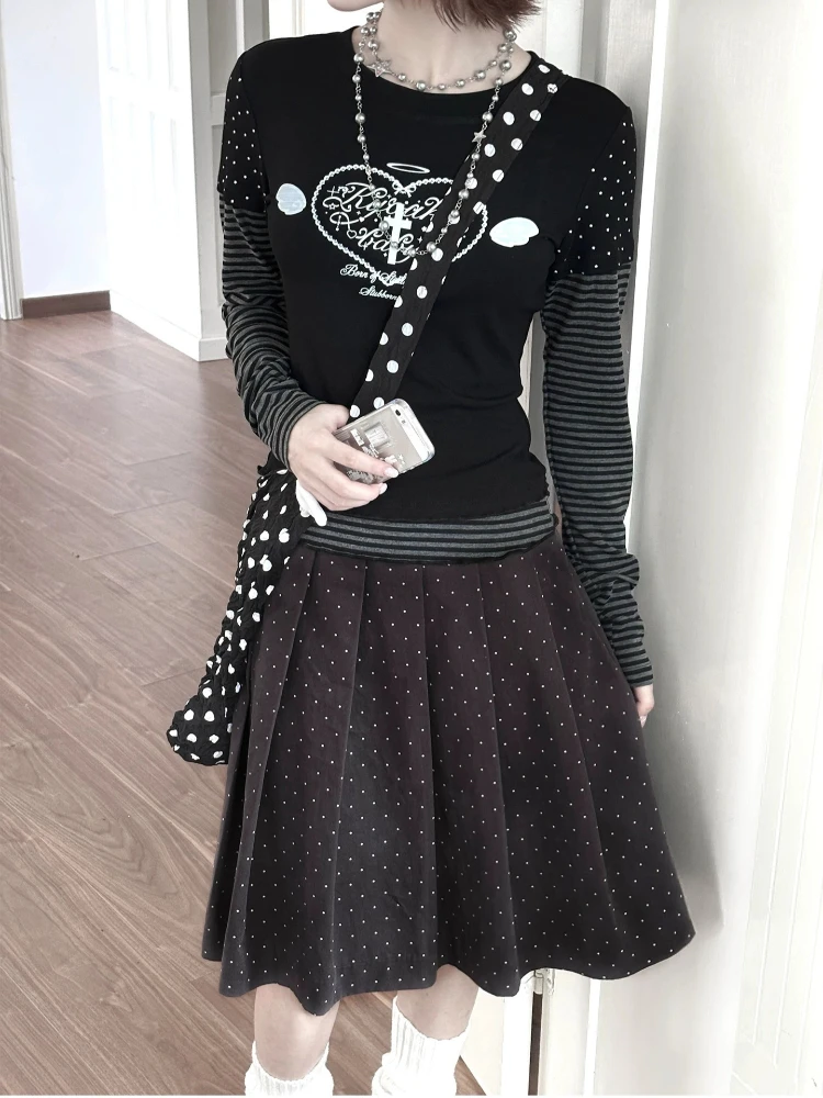 Фото HOUZHOU Y2k черные винтажные женские футболки с рисунком Harajuku милые полосатые футболки с длинными рукавами в горошек в японском стиле тонкие повседневные футболки №4