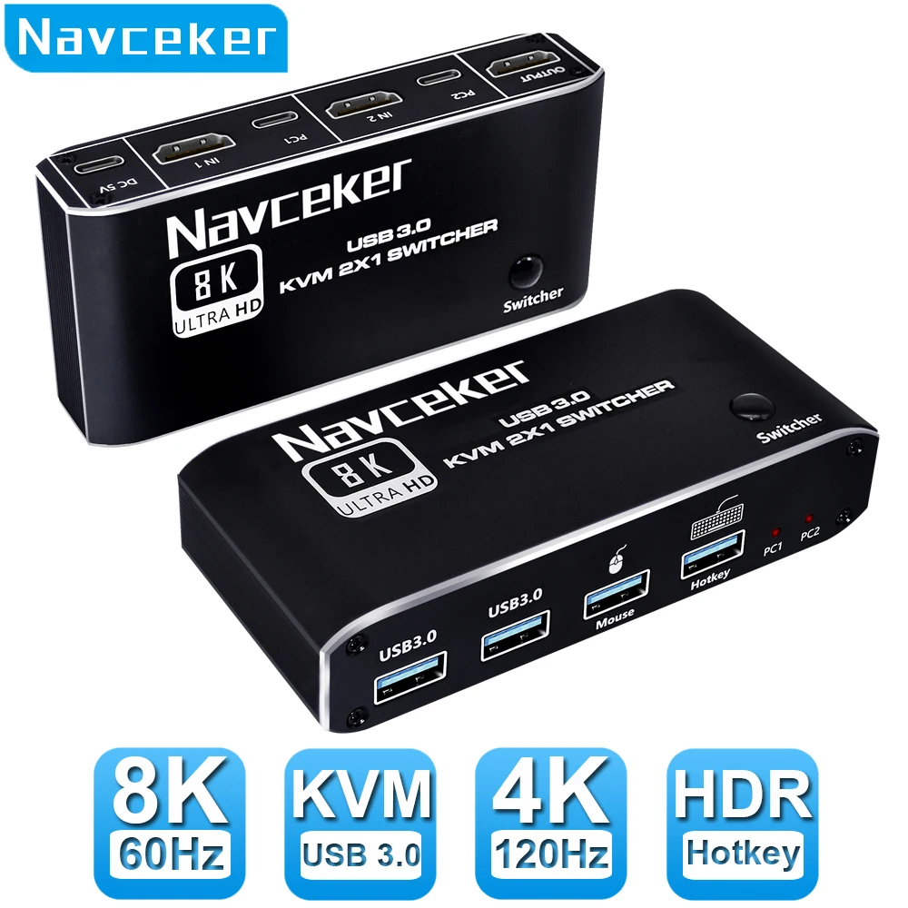 

Квм-переключатель Navceker 8K, совместимый с HDMI, 4K, 120 Гц, 2-портовый переключатель HD KVM, USB, для ПК с общим монитором, клавиатурой и мышью