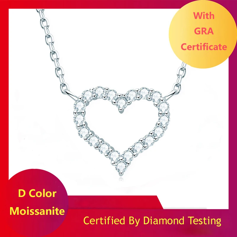 

Classic 100% 925 Sterling Silver Necklace Created Real Moissanite Heart Pendant Necklace For Women Wedding Party Fine Jewelry