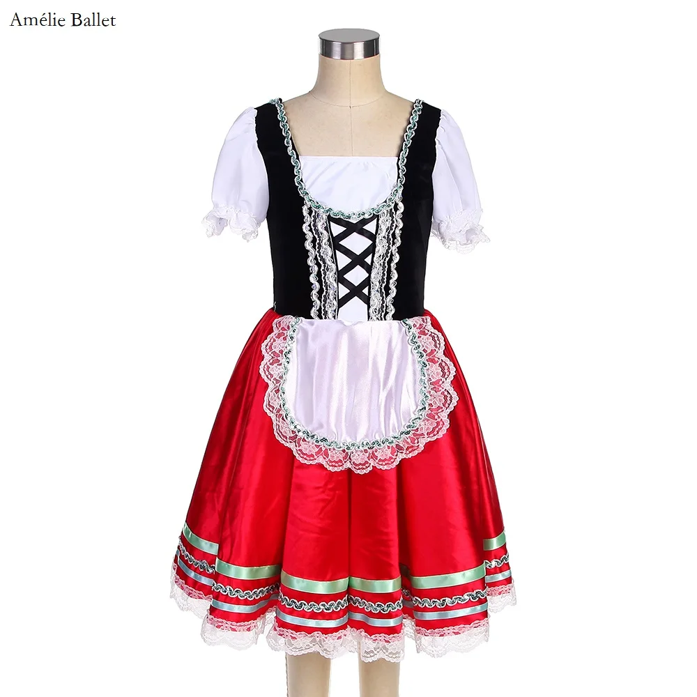 

22561 Puff Sleeves Black Velvet Bodice with Red Skirt Romantic Long Ballet Tutu for Girls & Women Stage Performance Dance Dress