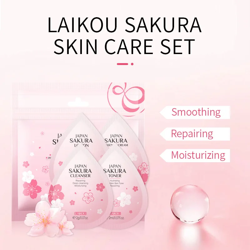 

LAIKOU Japan Sakura Skincare Set Face Cleanser Toner Lotion Cream Deep Cleansing Moisturizing Oil Control Portable Kit 5set=20Pc
