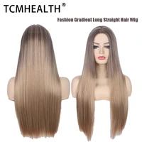 tcmhealth long straight hair wig ladies fashion dyeing black gradient high temperature silk long straight hair