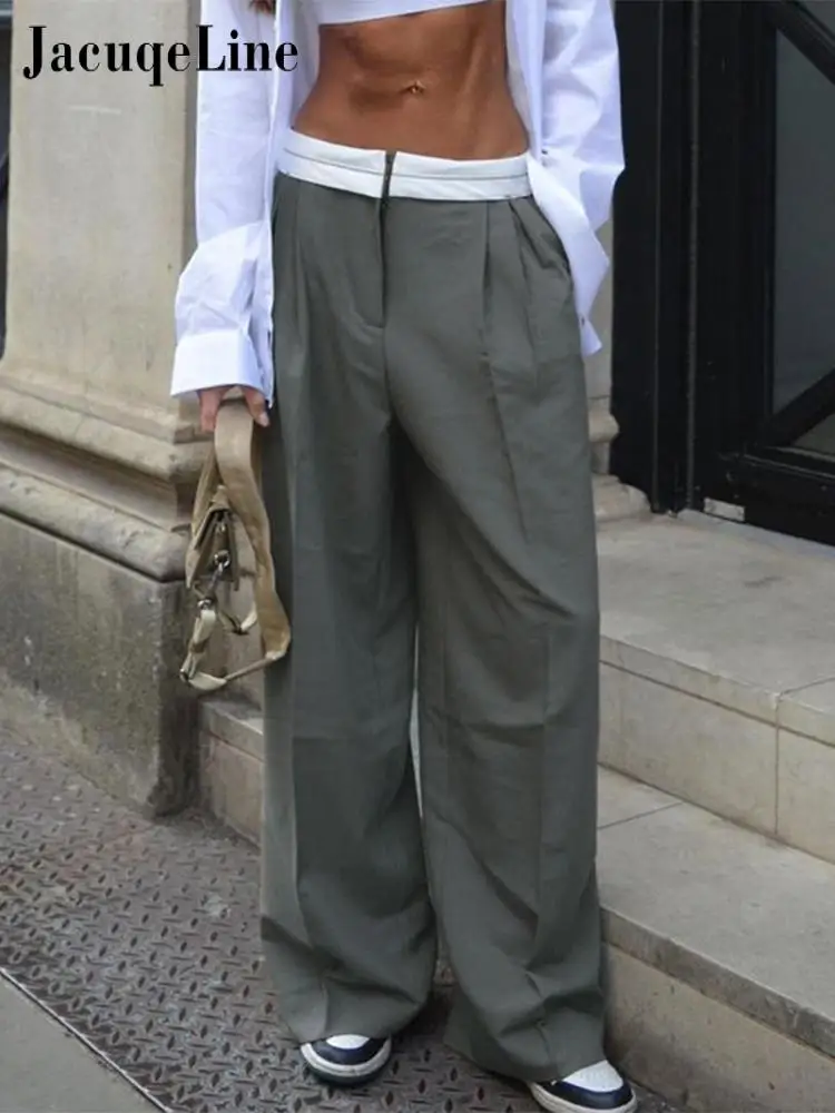 

Jacqueline 2022 Gray Low Waist Straight Suit Pants Women Korean Fashion Patchwok Casual Pant Ladies Trousers Street Retro Brown