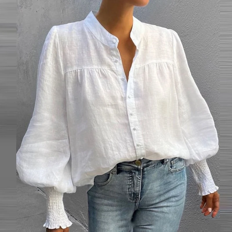 

Woman Clothing Simple Slim Button Office t Shirts Tops Lady Lantern Sleeve V-neck Blouse Korea Fashion Pure Blouses and Shirts