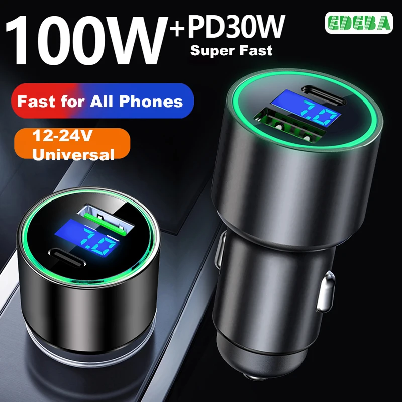 

PD 30W USB C Car Charger with Voltage Monitor Super Fast Charging Adapter for iPhone iPad Samsung OPPO VIVO 100W Max for Huawei