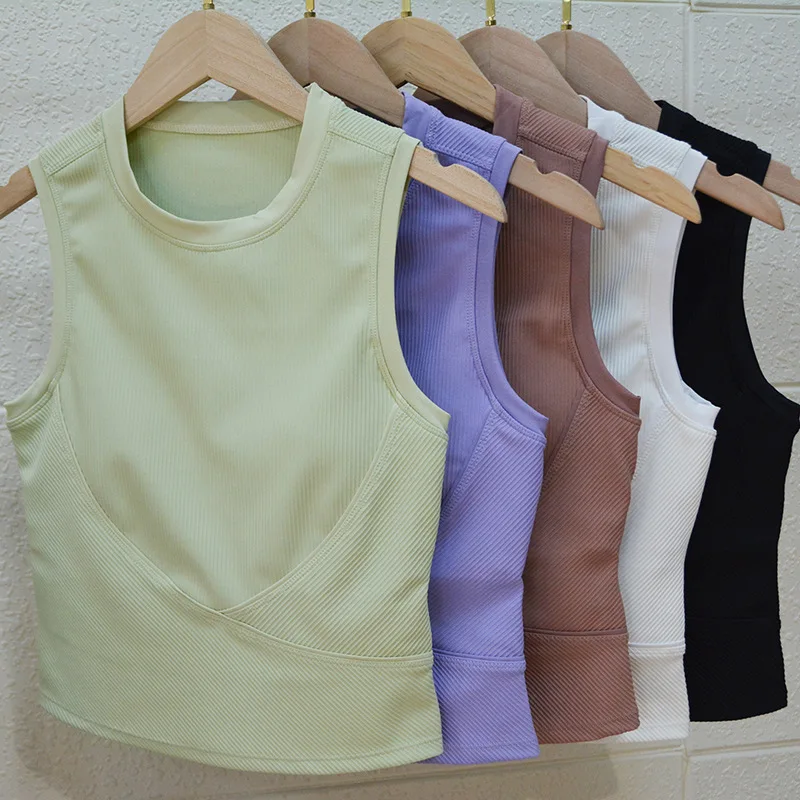 Lulusolid Yoga Vest Ribbed Stretchy Padded Sport Bra Women Fitness Sleeveless Breathable Athletic Shirts Gym Running Active Wear