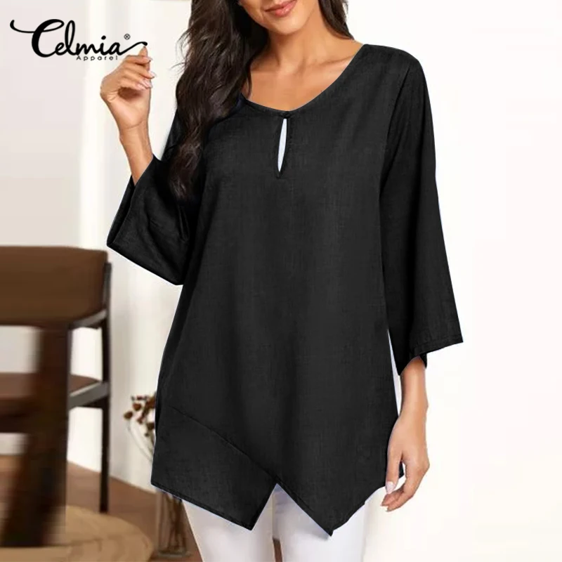 

Celmia O Neck Leisure Tunic Asymmetrical Hem Casual Loose Shirts 2022 Summer Hollow Wild Women Blouses Solid 3/4 Sleeve Blusas
