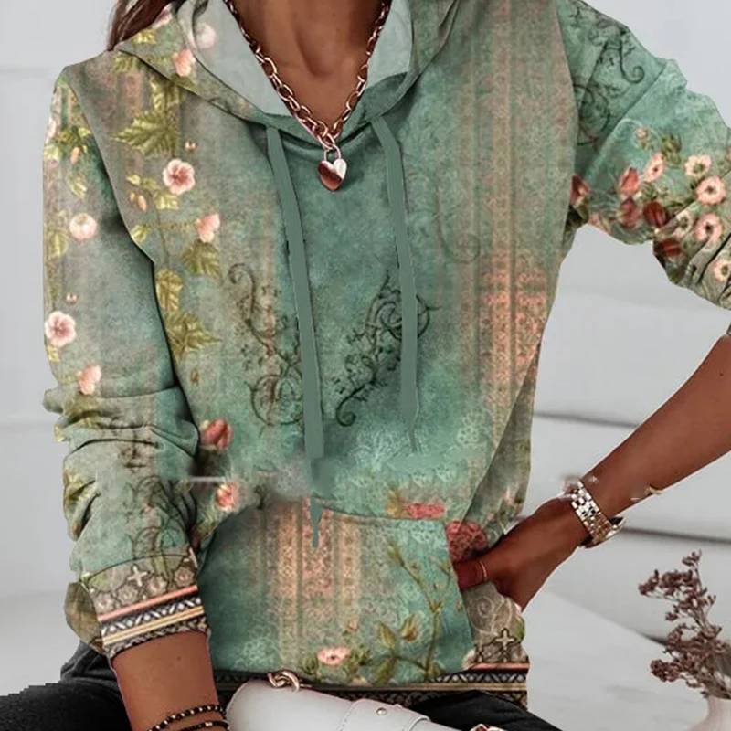 

Женские толстовки, элегантный прямой пуловер с цветочным принтом, топы, модные толстовки с кулиской, женские повседневные свободные толстовки с длинным рукавом