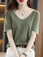2022 new v neck tshort for women korean fashion womens clothing knitted t shirt top summer short sleeve tees camisetas de mujer