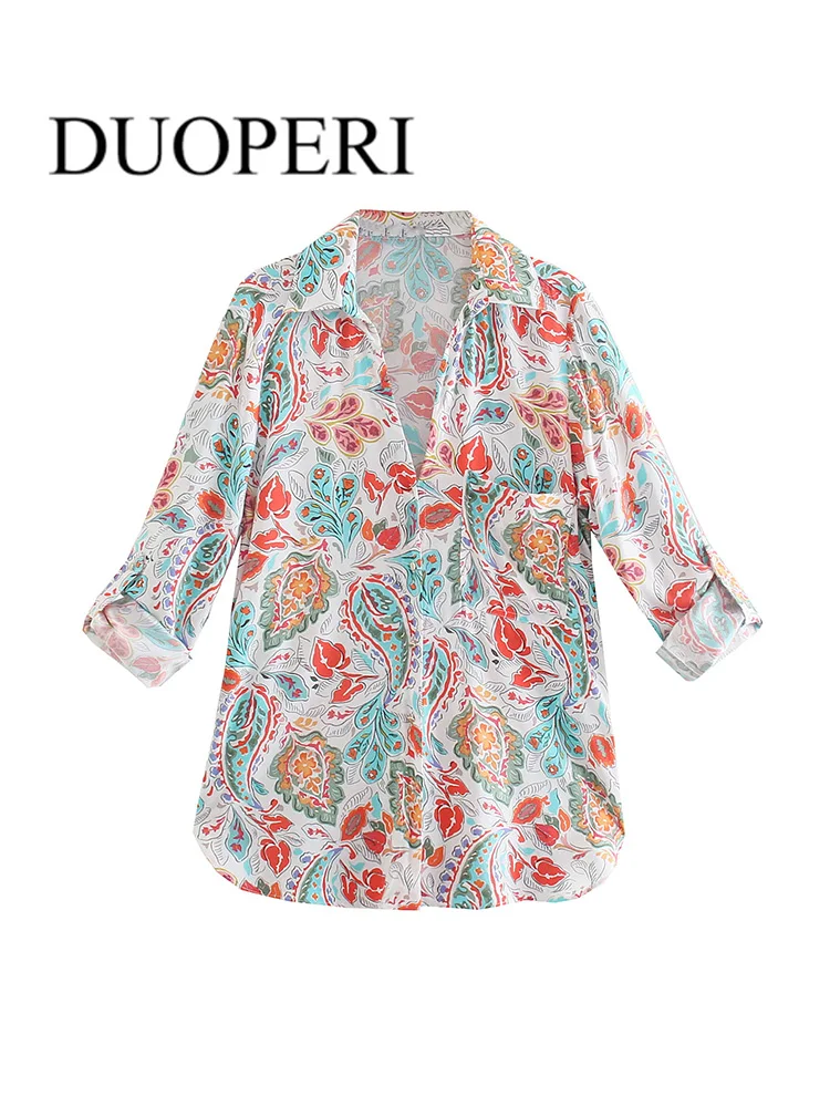 

DUOPERI Women Fashion Oversized Flower Print Blouses Vintage Single Breasted Female Shirts Outfits Chic Tops