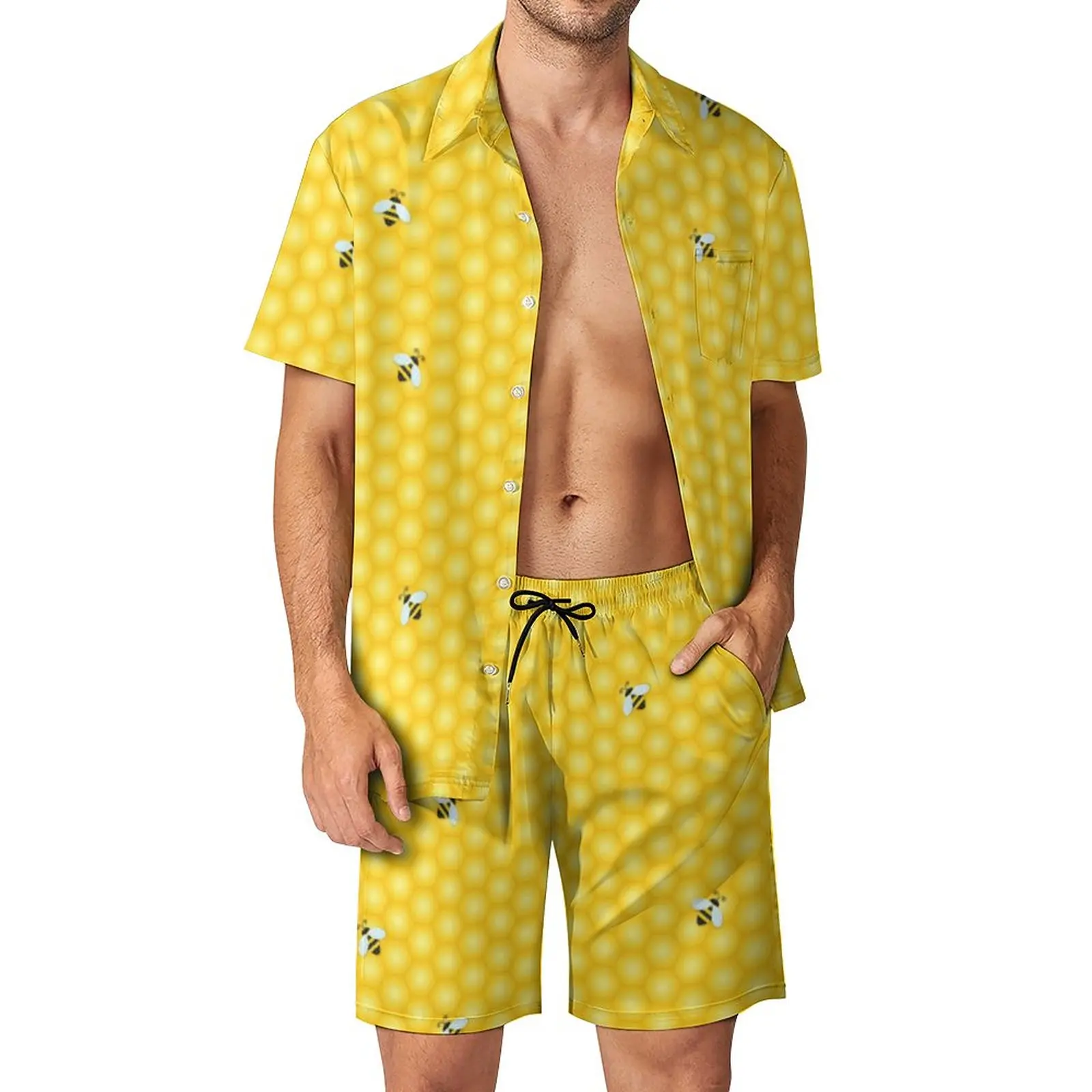 

Bumble Bees Men Sets Yellow Honeycomb Casual Shorts Summer Funny Beach Shirt Set Short-Sleeve Oversized Suit Birthday Present