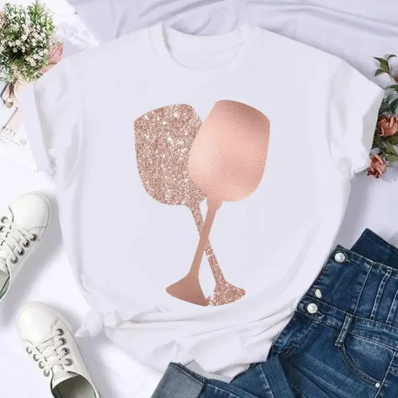 

Sleeve Casual Top Print T Shirt Fashion Summer Women Wine Love Sweet Trend Cute Female Tshirts Cartoon Graphic Tee T-Shirt