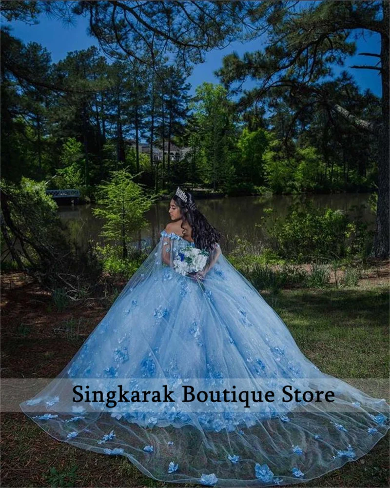 Шикарное бальное платье небесно-голубого цвета красивые платья 16 Quinceanera бусины 3D