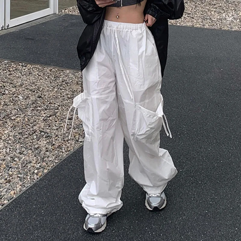 

Large Pocket Streetwear Cargo Pants Women Harajuku Vintage Loose Drawstring White Casual Trousers Ladies Baggy Y2k Clothes