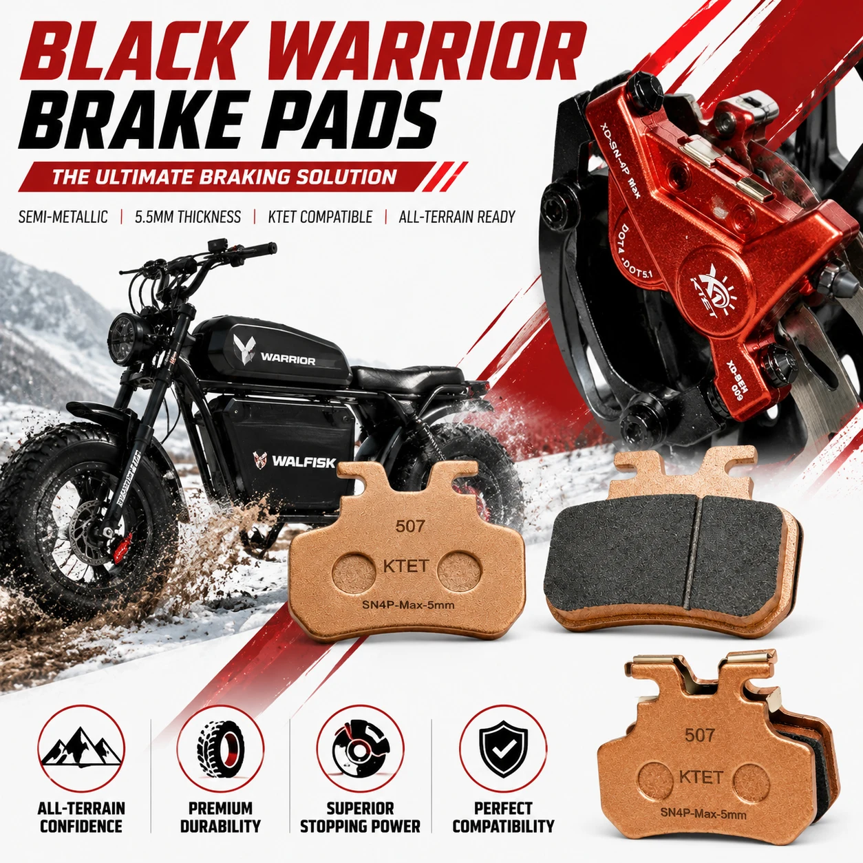Тормозные колодки Black Warrior полуметаллические Warrior Spirit для WALFISK ET-7, ET-7 Ultra, EKXBike, GTS X22, KTET, SN-V4, XD-SN-4P (art.: 3920db338cc99) - 3920db338cc99