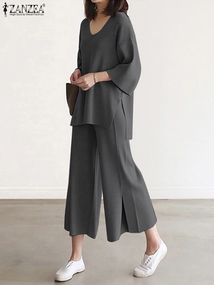 ZANZEA Женская повседневная блузка с v-образным вырезом и широкие брюки свободный