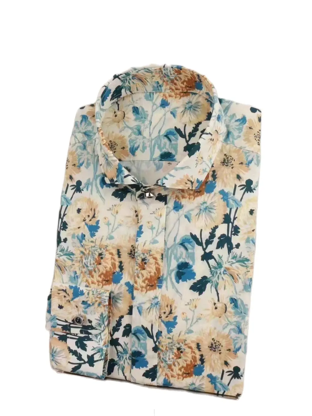 

Stylish Made to Measure Casual Shirt Bespoke Men Clothings Light Orange Big Flora Printing High End Cotton Fabric Spread Collar