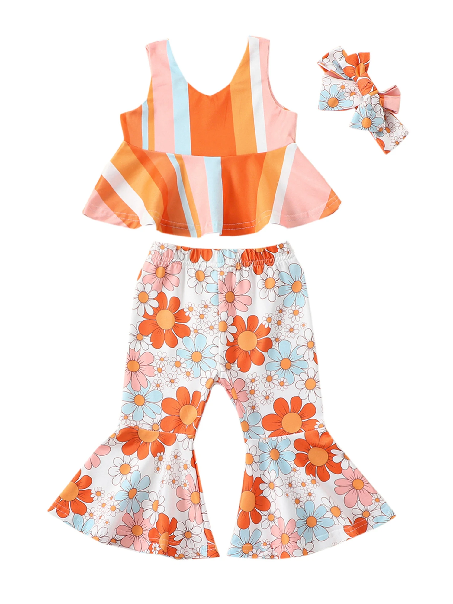 

Летняя одежда для маленьких девочек, укороченный топ с лямкой на шее и цветами, радужные расклешенные штаны, штаны с колокольчиками, милый наряд в стиле бохо для дня рождения
