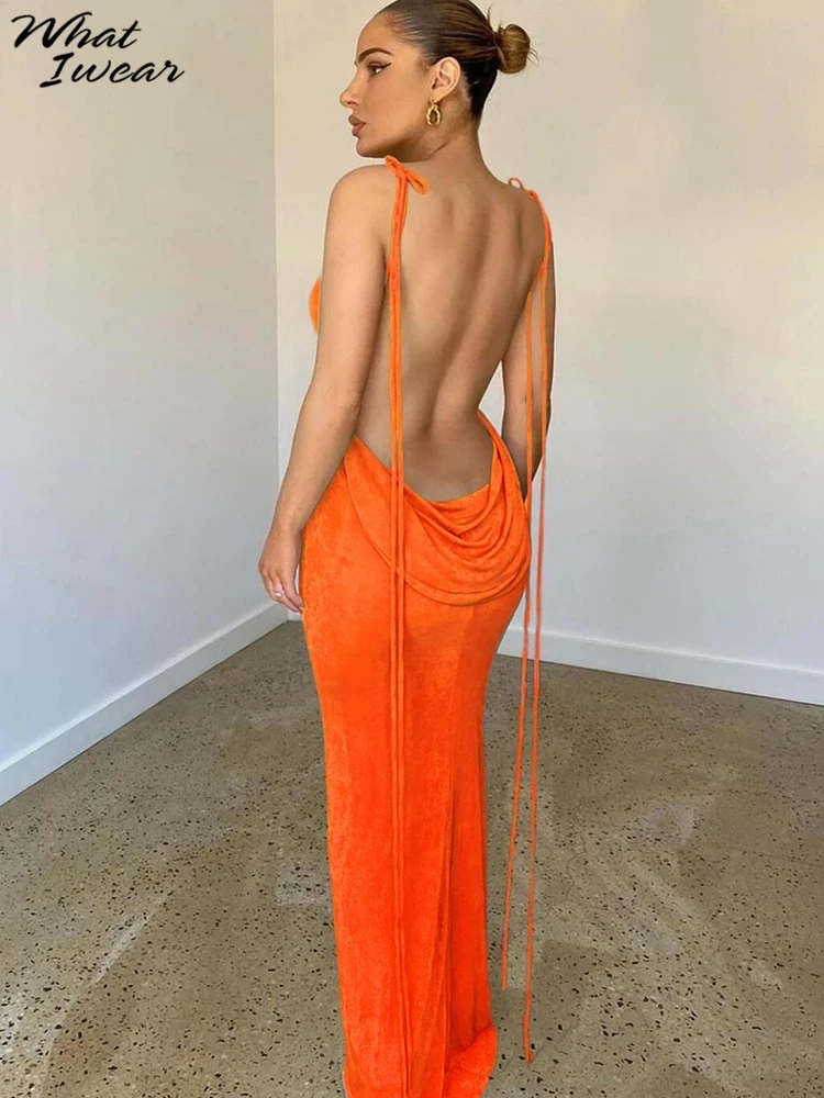 

Backless Maxi Long Dress Woman Sexy Even Summer Eleg Orange Blue Bohemian Satin Slip Dresses Party Beach Sundresses 2022 Women