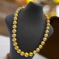 hige end 12 14mm natural south sea genuine golden round pearl necklace free shipping women jewelry pearl necklace