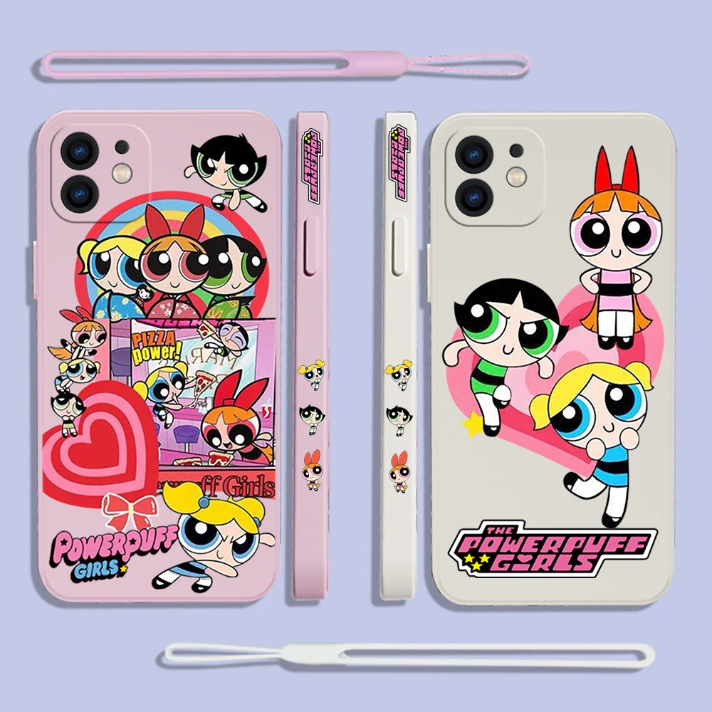 

Girls Phone Case For iPhone 14 13 12 11 Pro Max Mini X XR XS MAX SE20 8 7 Plus 6S Plus Powerpuffs Silicone Cases with Hand Strap