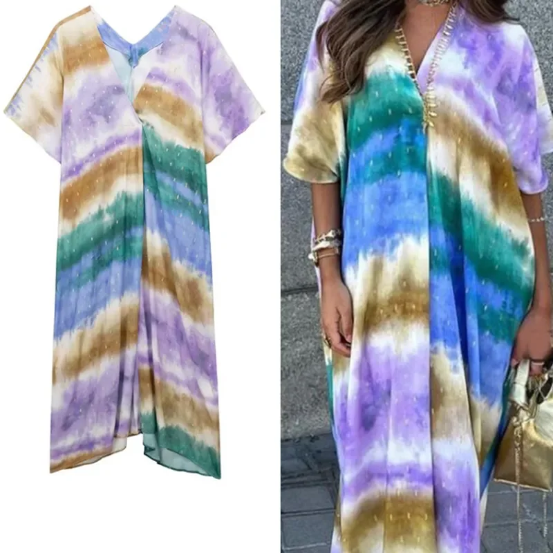 Женское свободное платье с V-образным вырезом разноцветное пляжное принтом