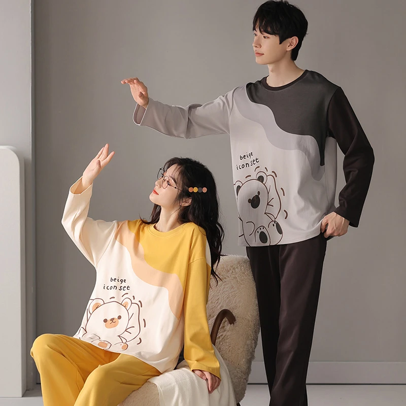 CAIYIER Letter Lovers Nightwear Suit Winter O-Neck Cartoon Couple Sleepwear Men & Women Soft Sweet Pajamas Set Male Lounge Wear