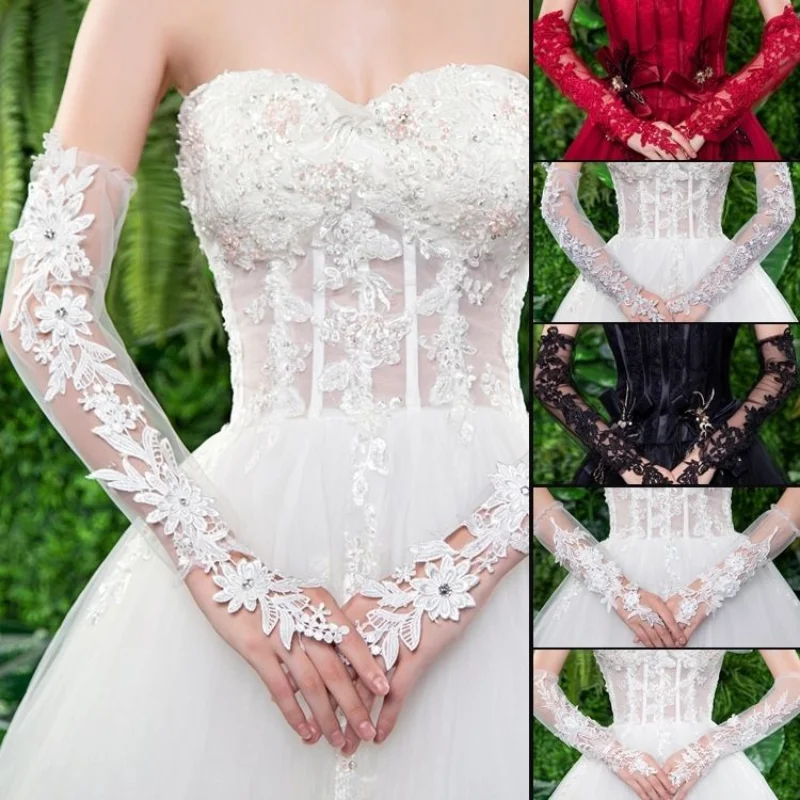 

White Black Bridal Wedding Gloves Long Lace Fingerless Evening Dress Women Gloves Wedding Marriage Accessories Party Glove