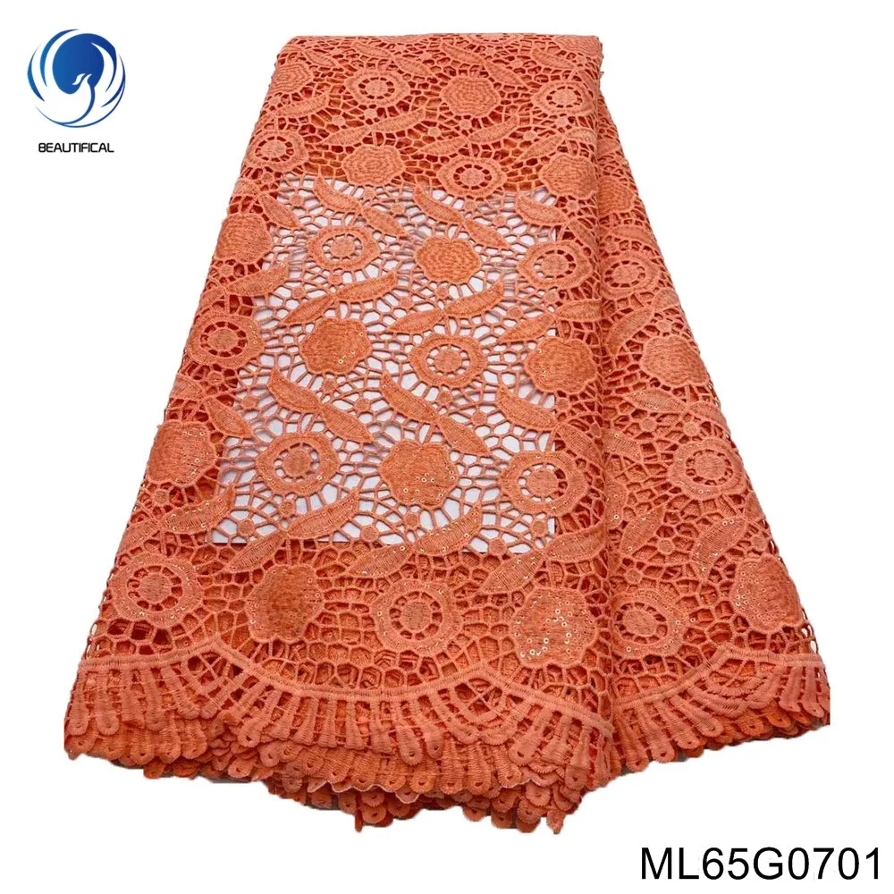 Latest fluorescent orange african guipure lace fabric with sequins 2022 blue nigerian milk silk lace fabric for dress ML65G07