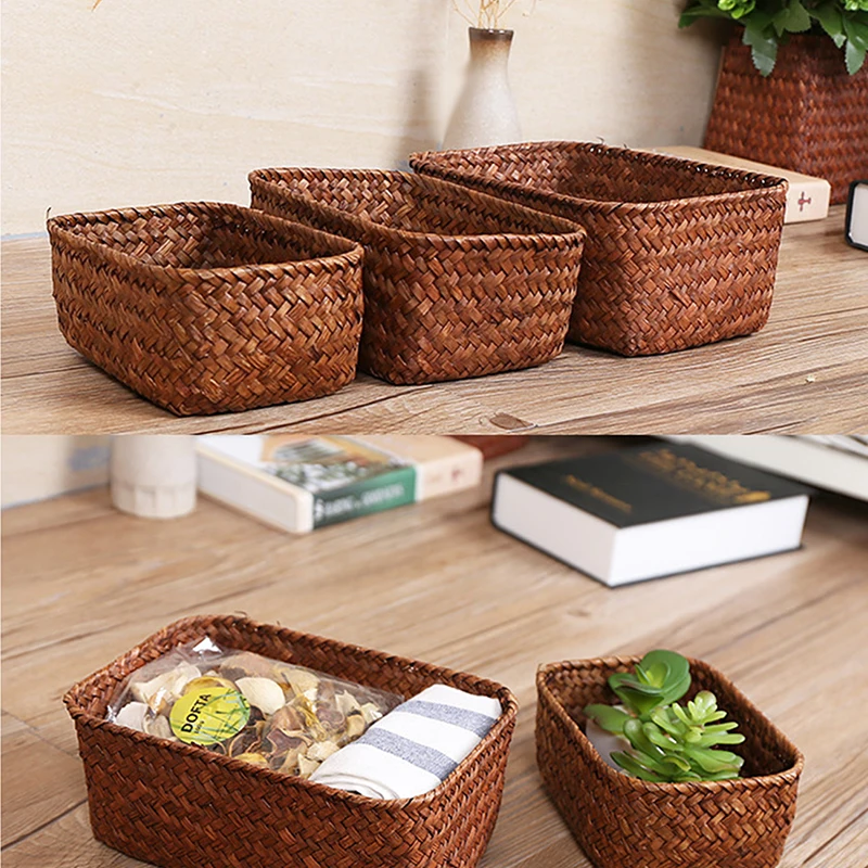 

Woven Seagrass Storage Baskets Straw Rattan Basket Desk Organizer Picnic Basket Fruit Storage Box Cosmetic Storage Container