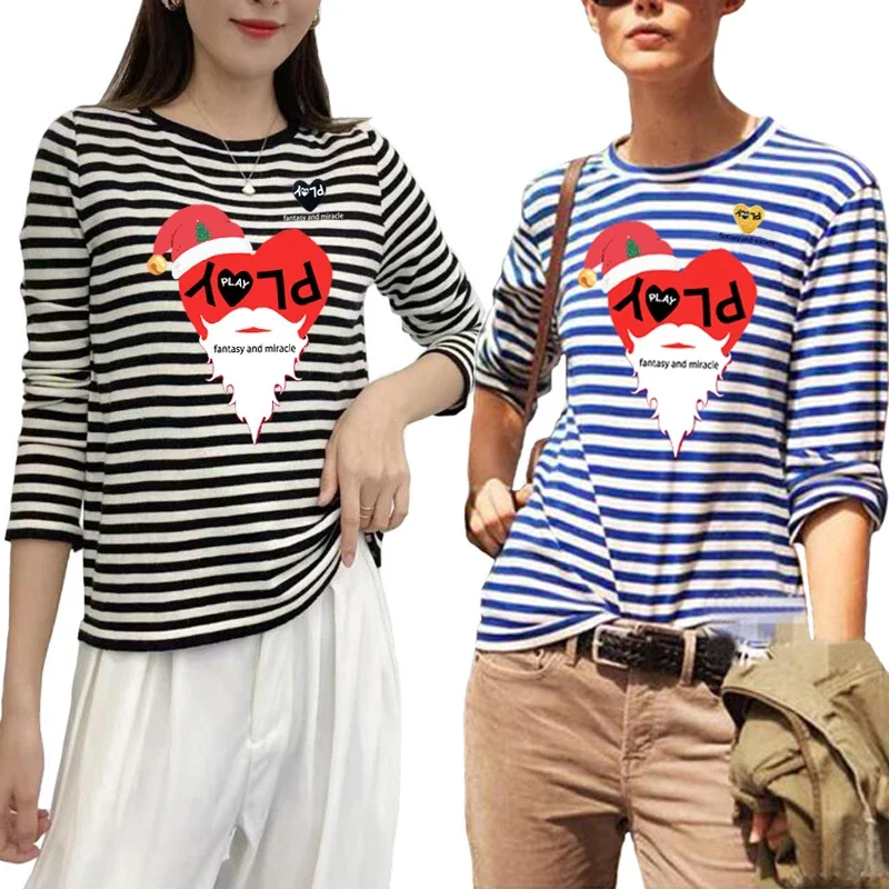 

Women Stripe T-shirt Autumn Heart Letter Embroidery Cartoon Christmas Printing Cotton O-Neck Long Sleeve Fit T-Shirt