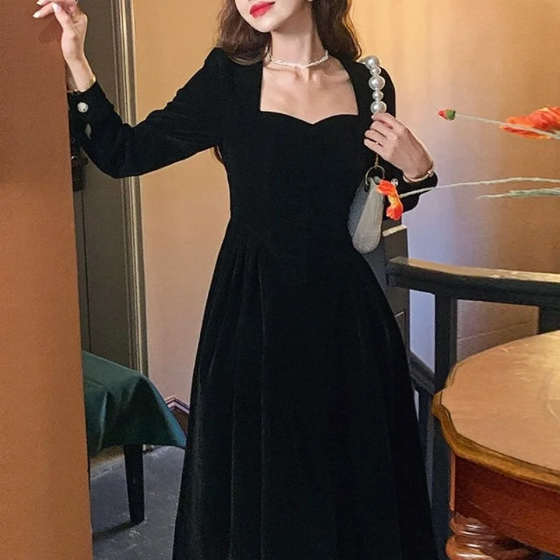 

French Velvet Midi Dress Office Lady 2021 Winter Black Vintage Dress Evening Party Long Sleeve Elegant One Piece Dress Korean
