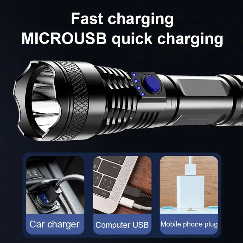 

LED Flashlight Portable Lighting USB Rechargeable Torch Waterproof ABS Torch 3modes Power Display Outdoor Camping Tent Fishing