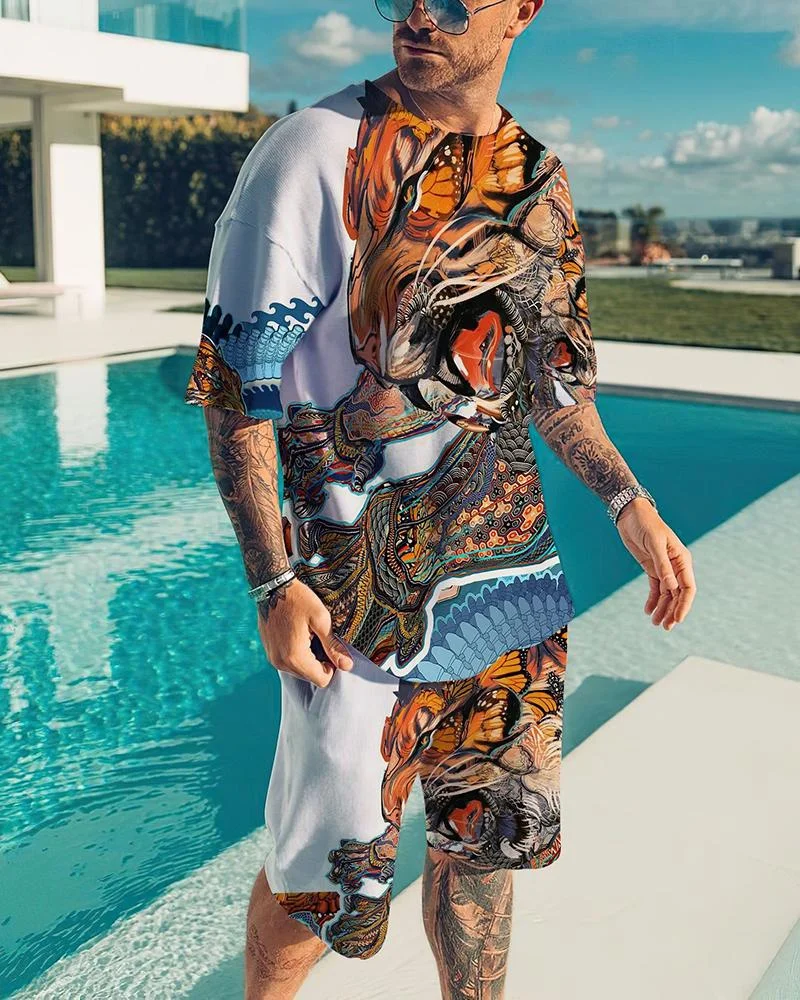 2023 Summer Men O Collar Short Sleeve + Shorts Beach Breeze Animal 3d Printed Pattern Fashion Casual Loose T-shirt Set Tracksuit