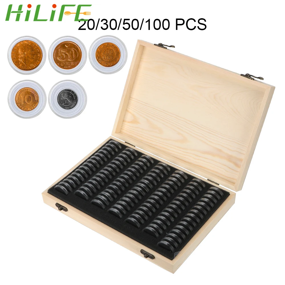 

Coin Storage Box With Adjustment Pad 20/50 PCS Adjustable Wooden Commemorative Coin Collection Case Holder Capsules