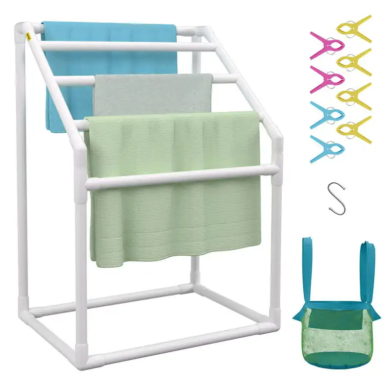 

Pool Towel Rack, 5 Bar, White, Freestanding Outdoor PVC Trapedozal Poolside Storage Organizer, Include 8 Towel Clips, Mesh Bag,