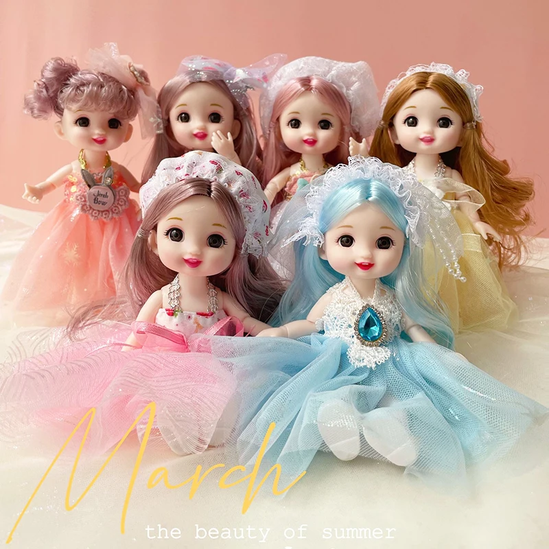 17cm Mini Cute bjd Doll for Girls  3 to 12 Year old Wedding Dolls Naked Body 1/12 with Hair and Clothes Full Set Toys for Kids